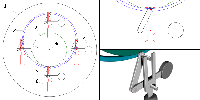 Parts:
<br />1. wheel drum
<br />2. ring
<br />3. cylindrical disc
<br />4. pin/axle
<br />5. driving weight
<br />6. weight for stabilistation
<br />7. connection rod
<br />(Collision: 2 and 3; 6 and 7)