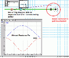 Pendulum Test 4 re two x 1 kg masses separated, released &amp; caught by angle - gear train enabled so One-Way Clutch mech can pull pendulum forward thru Cf's &amp; Work Done