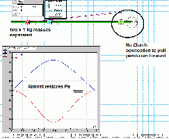 Pendulum Test 3 re two x 1 kg masses separated, released &amp; caught by angle - gear train disabled so One-Way Clutch mech can not pull pendulum forward thru Cf's &amp; Work Done