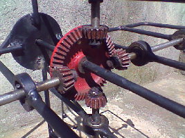 The Central axel, The red gear is rigid, while the four smaller gears run around it.